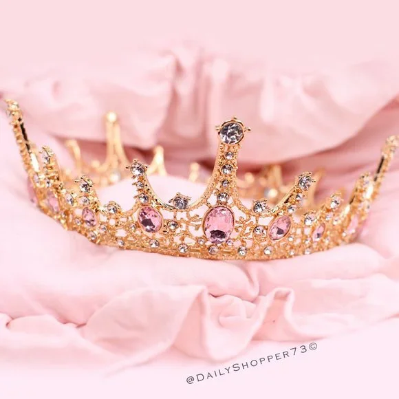 Women\'s Pastel Pink Glass Rhinestone Rose Gold Circlet Crown Continental Rhinestone Gold Pink Crown tiara – CrownDesigners main image 3
